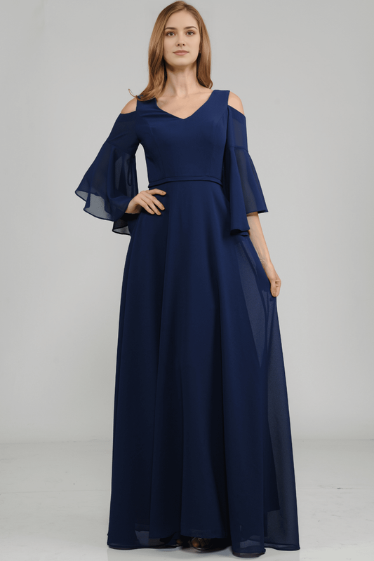 Elegant V Neck bell sleeves Backless zipper cold shoulder Floor length prom dress for women hot sale