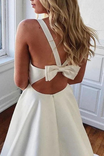 Elegant White A-Line Empire-Waist Satin Pleated Formal Prom Dress with Bow