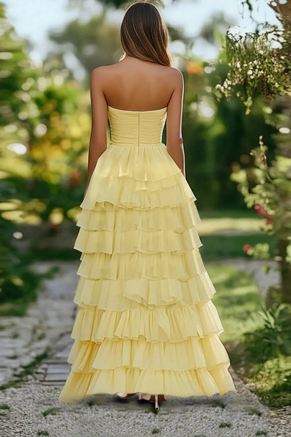 Elegant Yellow A-Line Sweetheart Neck Strapless High-Low Ruffled High-Low Chiffon Prom Dress