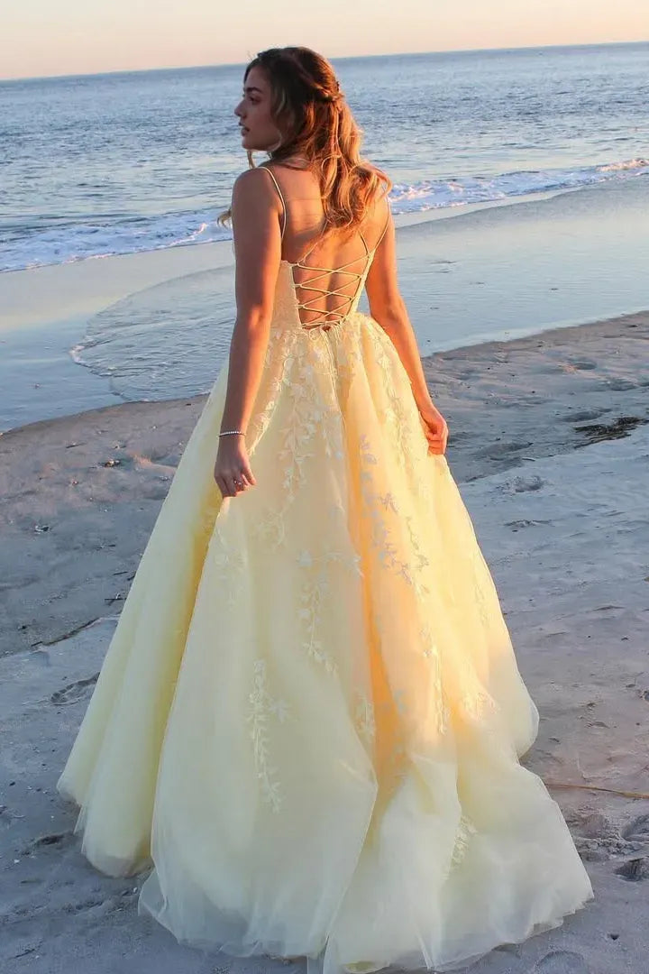 Elegant Yellow A-line Square Neck Sleeveless Appliques Tulle Lace -Up Floor-Length Prom Dresses Hot Sale