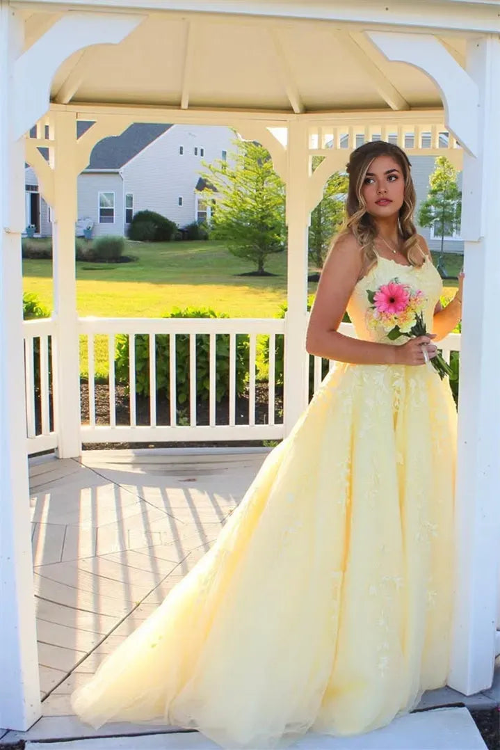 Elegant Yellow A-line Square Neck Sleeveless Appliques Tulle Lace -Up Floor-Length Prom Dresses Hot Sale