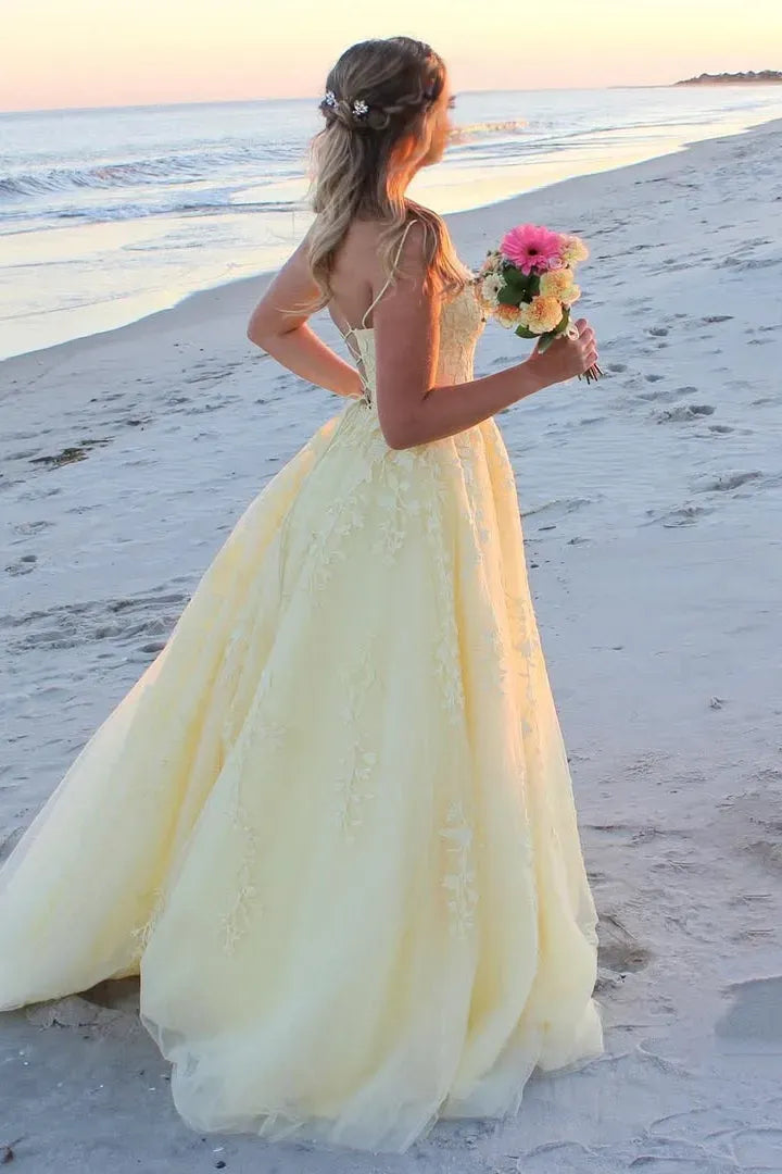 Elegant Yellow A-line Square Neck Sleeveless Appliques Tulle Lace -Up Floor-Length Prom Dresses Hot Sale