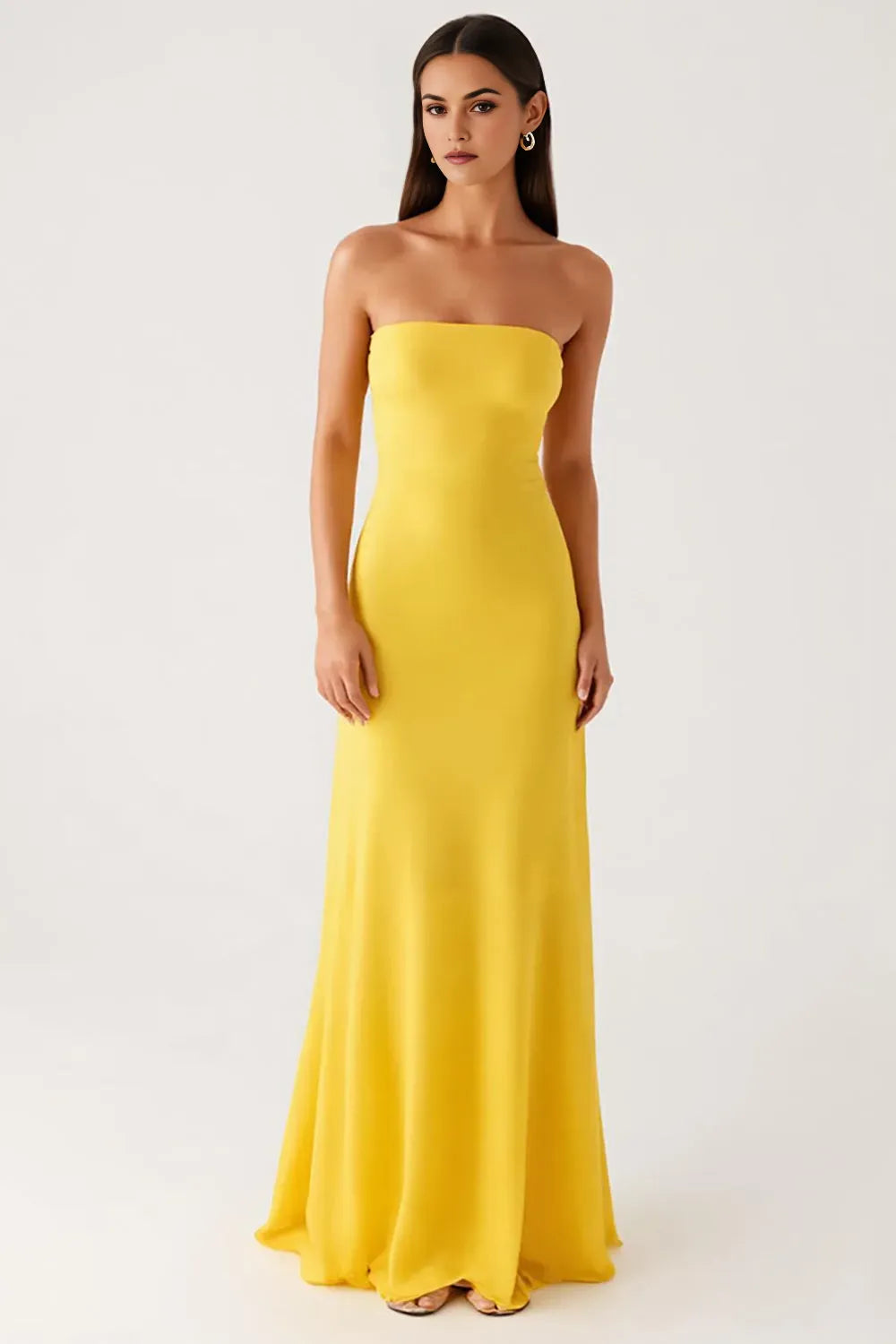 Elegant Yellow Chiffon Sheath Strapless Sleeveless Backless Floor-Length Prom Dresses for women Hot Sale