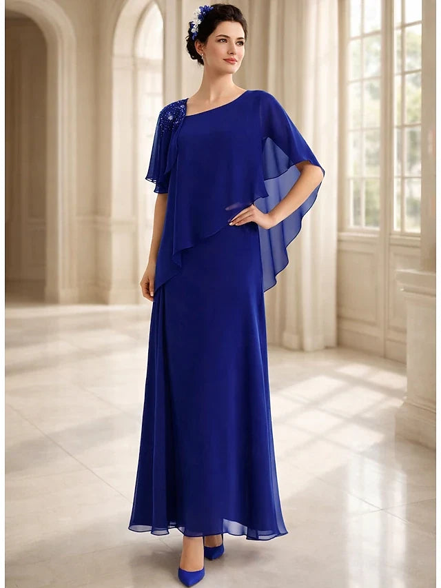 Elegant A-Line Asymmetrical Beaded Royal Blue Floor-Length Prom Gown