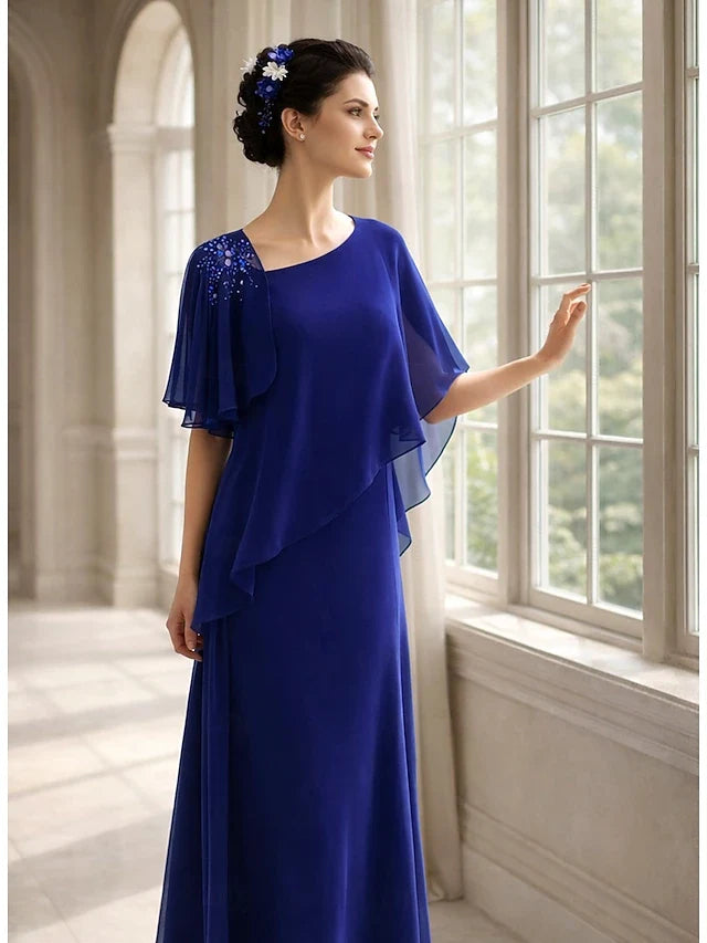 Elegant A-Line Asymmetrical Beaded Royal Blue Floor-Length Prom Gown