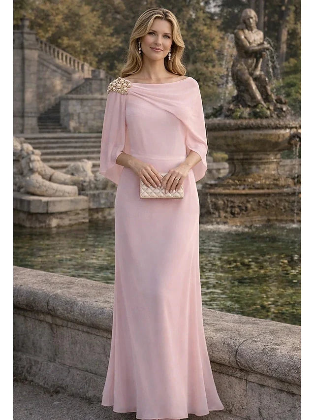 Elegant A-Line Bateau Neck Cape Sleeves Beaded Blush Pink Floor-Length Women's Prom Gown