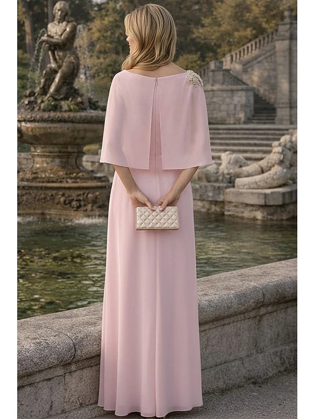 Elegant A-Line Bateau Neck Cape Sleeves Beaded Blush Pink Floor-Length Women's Prom Gown