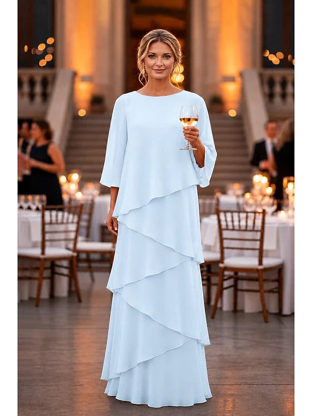 Elegant A-Line Boat Neck 3/4 Sleeve Tiered Sky Blue Floor-Length Prom Dress
