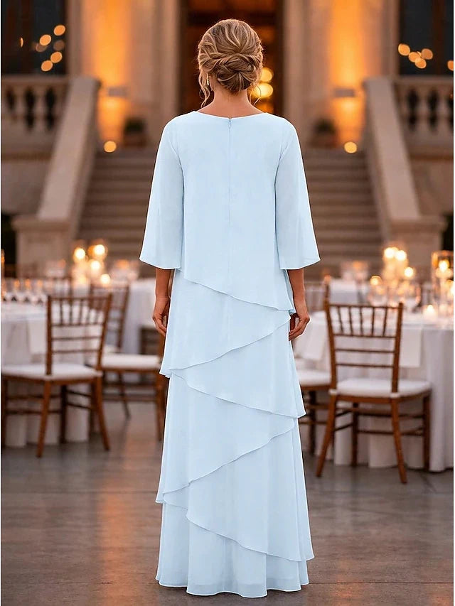 Elegant A-Line Boat Neck 3/4 Sleeve Tiered Sky Blue Floor-Length Prom Dress