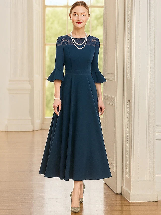 Elegant A-Line Boat Neck Bell Sleeve Lace Yoke Deep Teal Midi Prom Dress