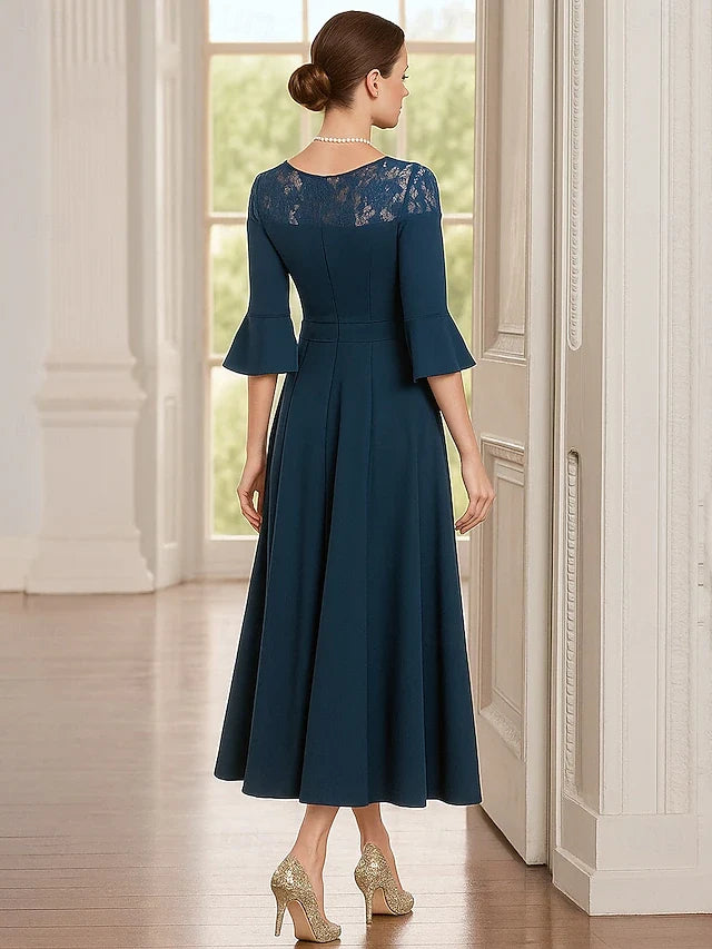 Elegant A-Line Boat Neck Bell Sleeve Lace Yoke Deep Teal Midi Prom Dress
