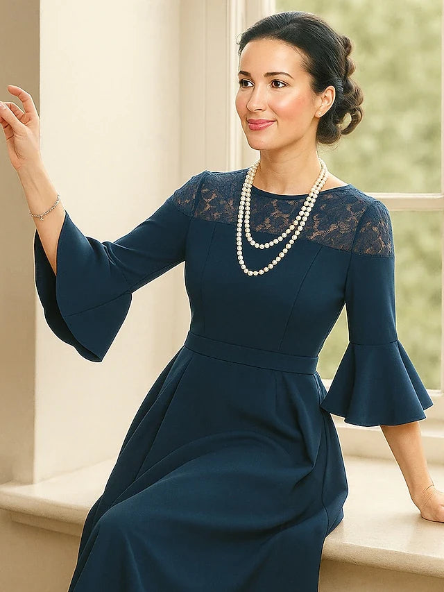 Elegant A-Line Boat Neck Bell Sleeve Lace Yoke Deep Teal Midi Prom Dress