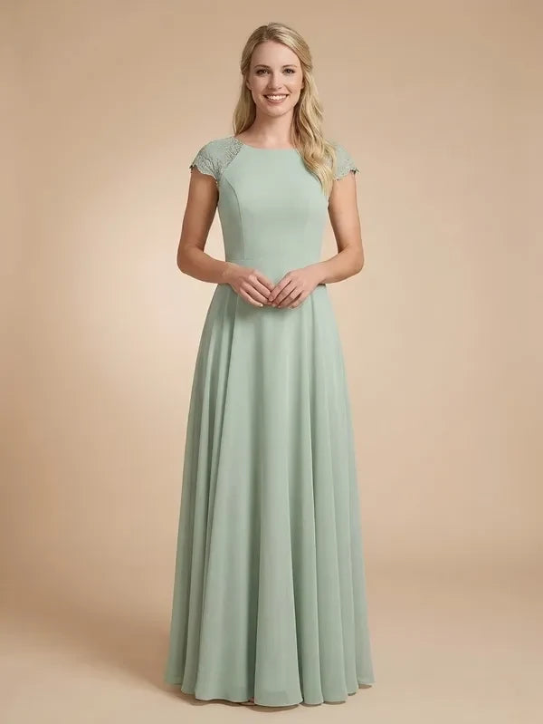 Elegant A-Line Boat Neck Cap Sleeve Modest Sage Green Floor-Length Prom Dress