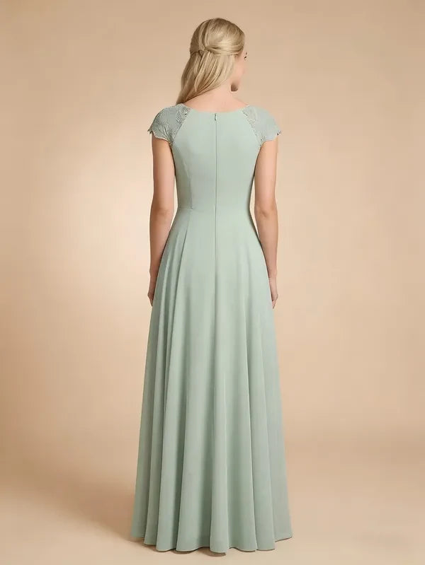 Elegant A-Line Boat Neck Cap Sleeve Modest Sage Green Floor-Length Prom Dress