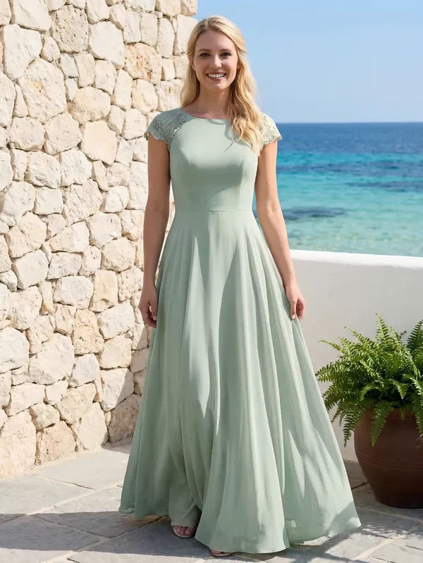 Elegant A-Line Boat Neck Cap Sleeve Modest Sage Green Floor-Length Prom Dress