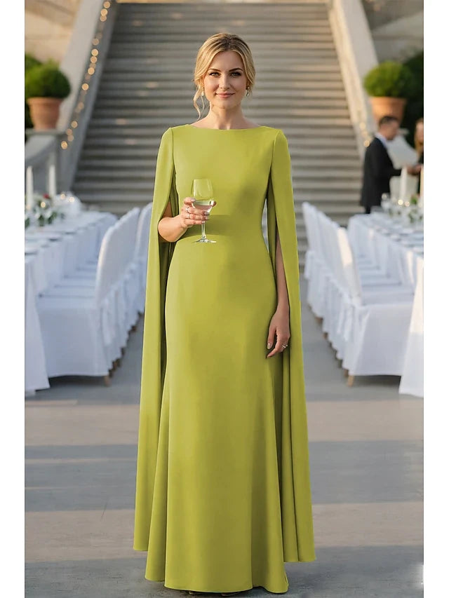 Elegant A-Line Boat Neck Cape Sleeve Lime Green Floor-Length Prom Gown