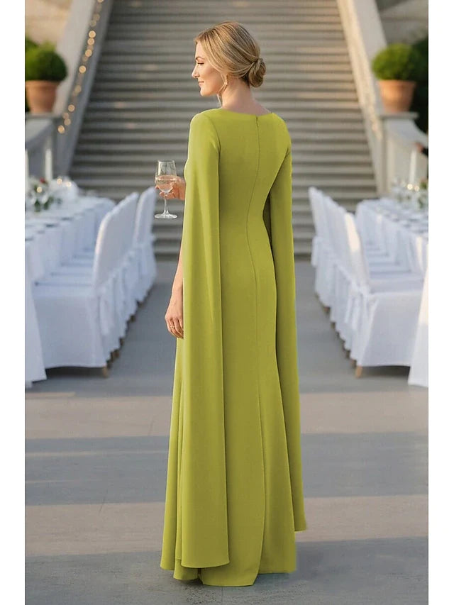 Elegant A-Line Boat Neck Cape Sleeve Lime Green Floor-Length Prom Gown