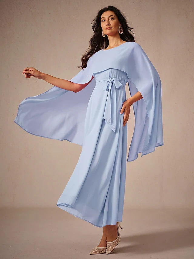 Elegant A-Line Boat Neck Cape Sleeves Light Blue Midi Prom Gown