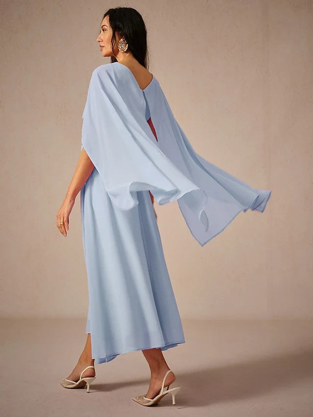 Elegant A-Line Boat Neck Cape Sleeves Light Blue Midi Prom Gown