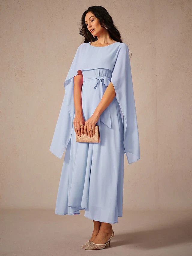 Elegant A-Line Boat Neck Cape Sleeves Light Blue Midi Prom Gown