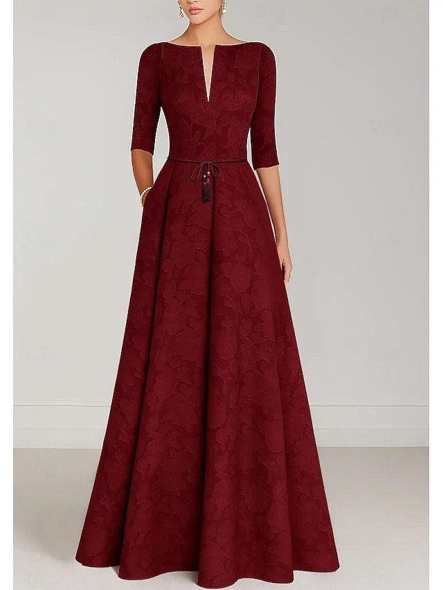 Elegant A-Line Boat Neck Half Sleeve Jacquard Burgundy Floor-Length Prom Dress