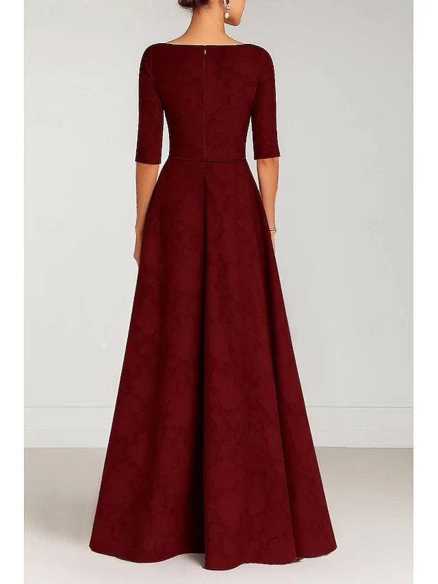Elegant A-Line Boat Neck Half Sleeve Jacquard Burgundy Floor-Length Prom Dress