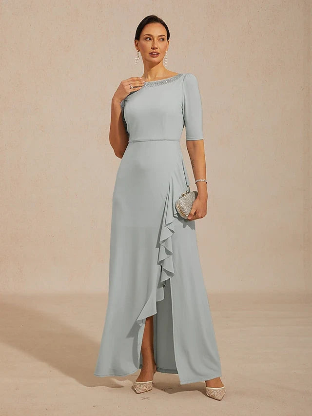 Elegant A-Line Boat Neck Half Sleeve Ruffled Beaded Sage Green Prom Gown