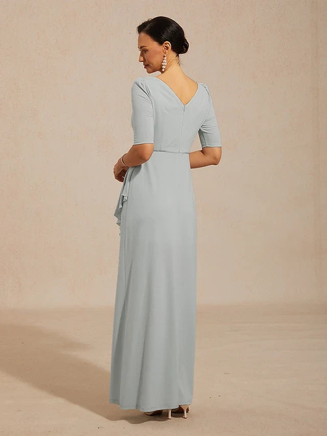 Elegant A-Line Boat Neck Half Sleeve Ruffled Beaded Sage Green Prom Gown
