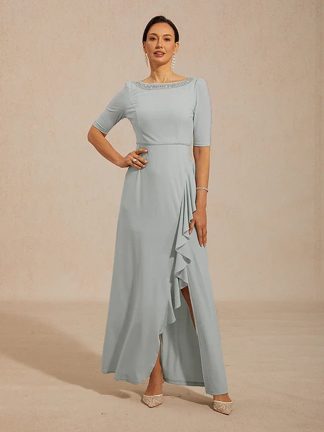 Elegant A-Line Boat Neck Half Sleeve Ruffled Beaded Sage Green Prom Gown