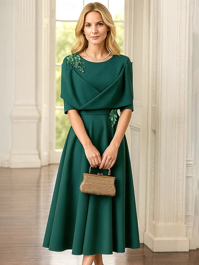 Elegant A-Line Boat Neck Short Sleeve Draped Emerald Green Midi Prom Dress