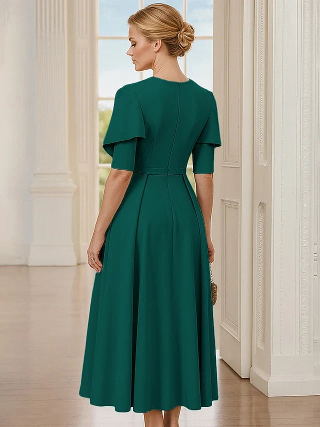 Elegant A-Line Boat Neck Short Sleeve Draped Emerald Green Midi Prom Dress