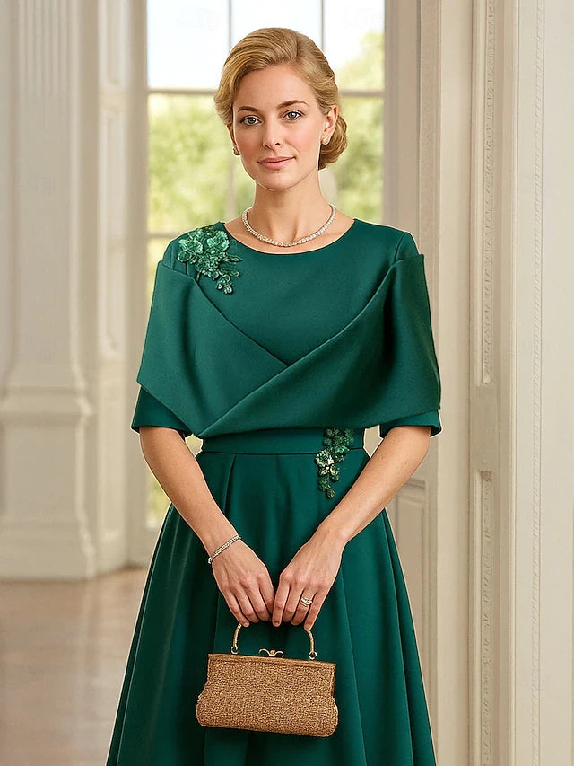 Elegant A-Line Boat Neck Short Sleeve Draped Emerald Green Midi Prom Dress