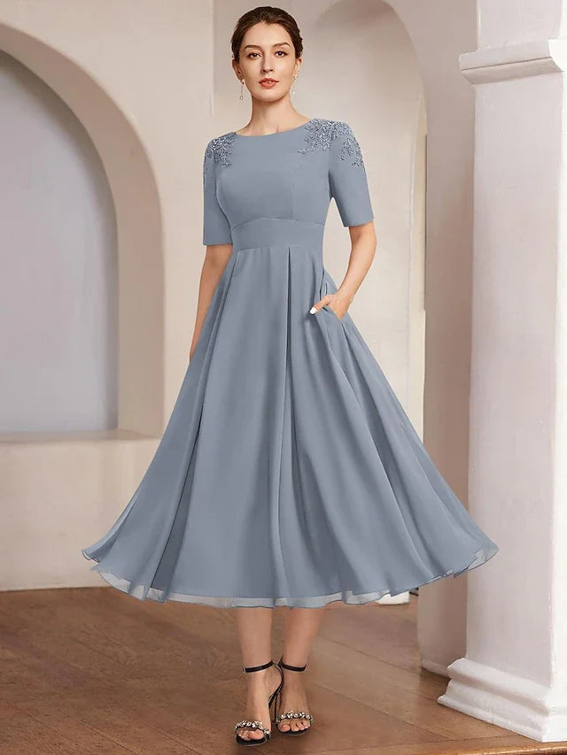 Elegant A-Line Boat Neck Short Sleeve Embroidered Dusty Blue Midi Prom Dresses for Women