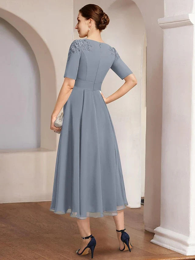 Elegant A-Line Boat Neck Short Sleeve Embroidered Dusty Blue Midi Prom Dresses for Women