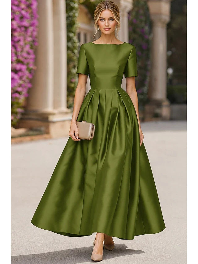 Elegant A-Line Boat Neck Short Sleeve Pleated Olive Green Midi Prom Gown