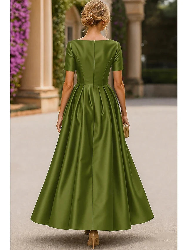 Elegant A-Line Boat Neck Short Sleeve Pleated Olive Green Midi Prom Gown