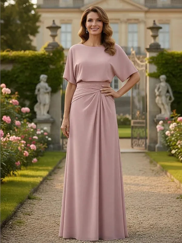 Elegant A-Line Boat Neck Short Sleeve Ruched Dusty Rose Floor-Length Prom Gown