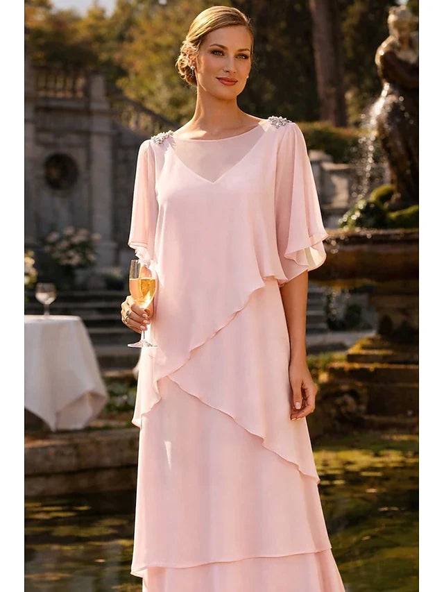 Elegant A-Line Boat Neck Short Sleeve Tiered Blush Pink Floor-Length Prom Dress