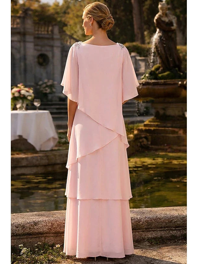 Elegant A-Line Boat Neck Short Sleeve Tiered Blush Pink Floor-Length Prom Dress