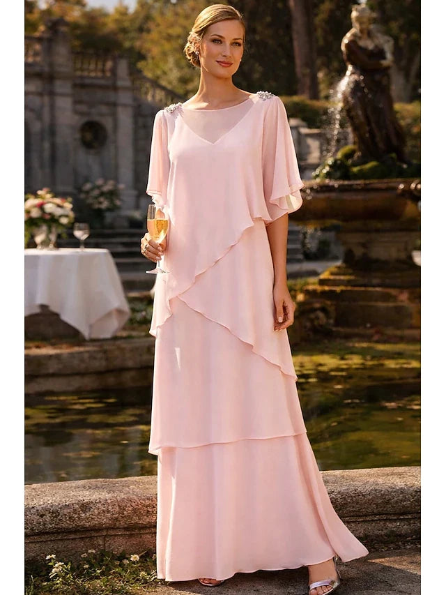Elegant A-Line Boat Neck Short Sleeve Tiered Blush Pink Floor-Length Prom Dress