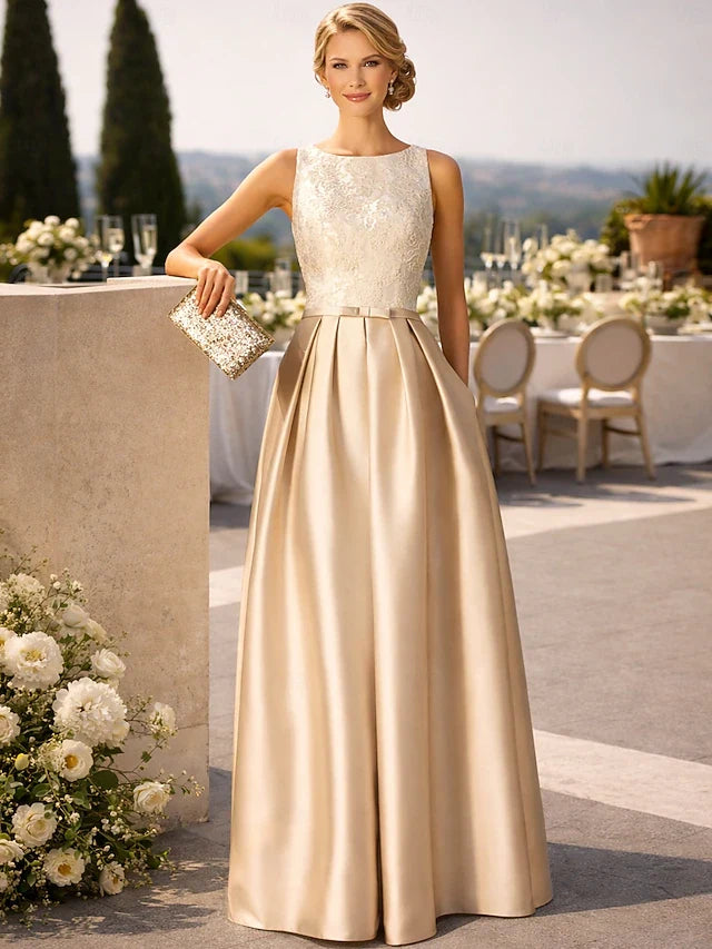 Elegant A-Line Boat Neck Sleeveless Embroidered Pleated Champagne Floor-Length Prom Dress