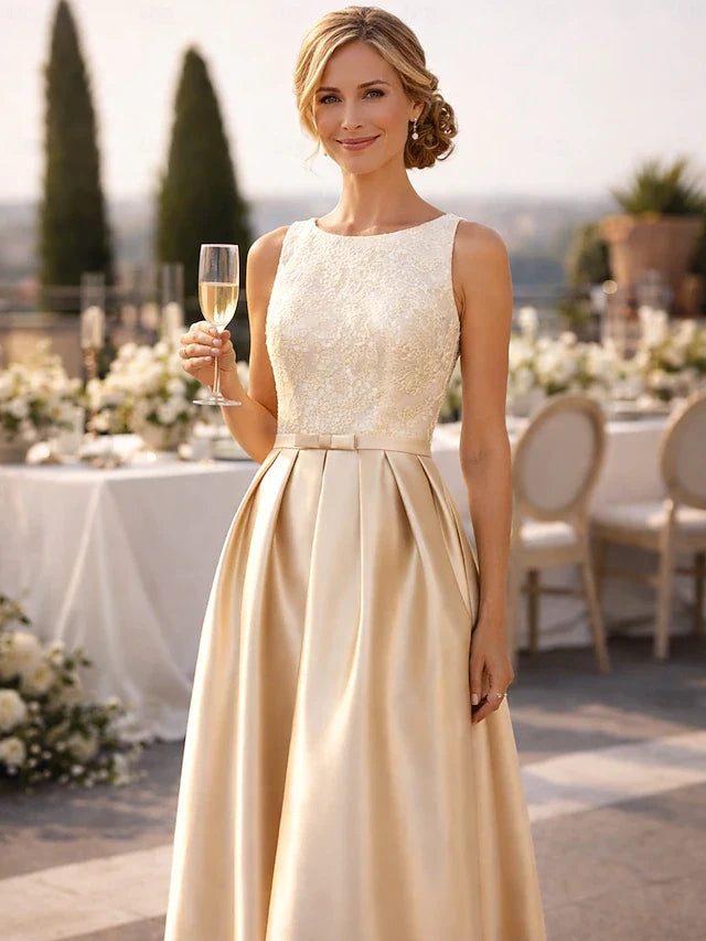 Elegant A-Line Boat Neck Sleeveless Embroidered Pleated Champagne Floor-Length Prom Dress