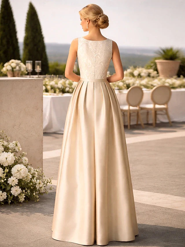 Elegant A-Line Boat Neck Sleeveless Embroidered Pleated Champagne Floor-Length Prom Dress