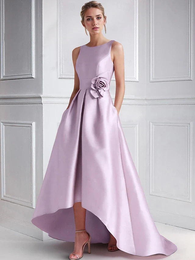 Elegant A-Line Boat Neck Sleeveless Floral Pocketed Lavender High-Low Prom Gown