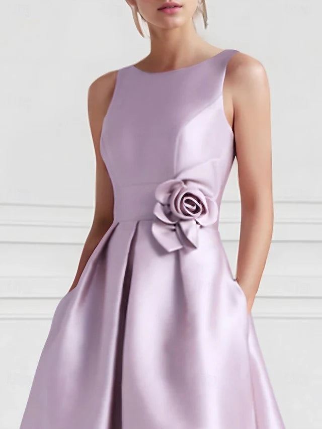 Elegant A-Line Boat Neck Sleeveless Floral Pocketed Lavender High-Low Prom Gown