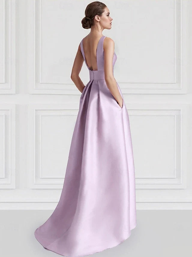Elegant A-Line Boat Neck Sleeveless Floral Pocketed Lavender High-Low Prom Gown