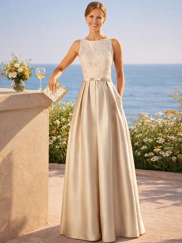 Elegant A-Line Boat Neck Sleeveless Pleated Lace Champagne Floor-Length Prom Gown