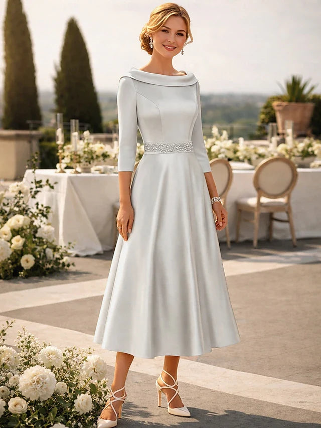 Elegant A-Line Boat Neck Three-Quarter Sleeve Beaded Silver Gray Midi Prom Dress