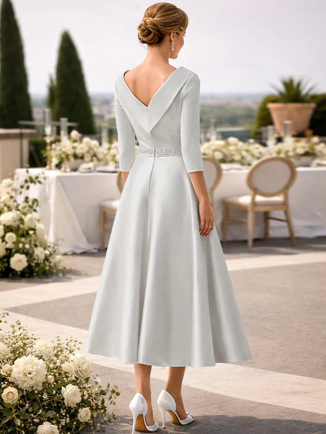 Elegant A-Line Boat Neck Three-Quarter Sleeve Beaded Silver Gray Midi Prom Dress