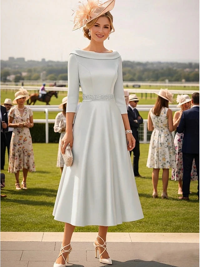 Elegant A-Line Boat Neck Three-Quarter Sleeve Beaded Silver Gray Midi Prom Dress